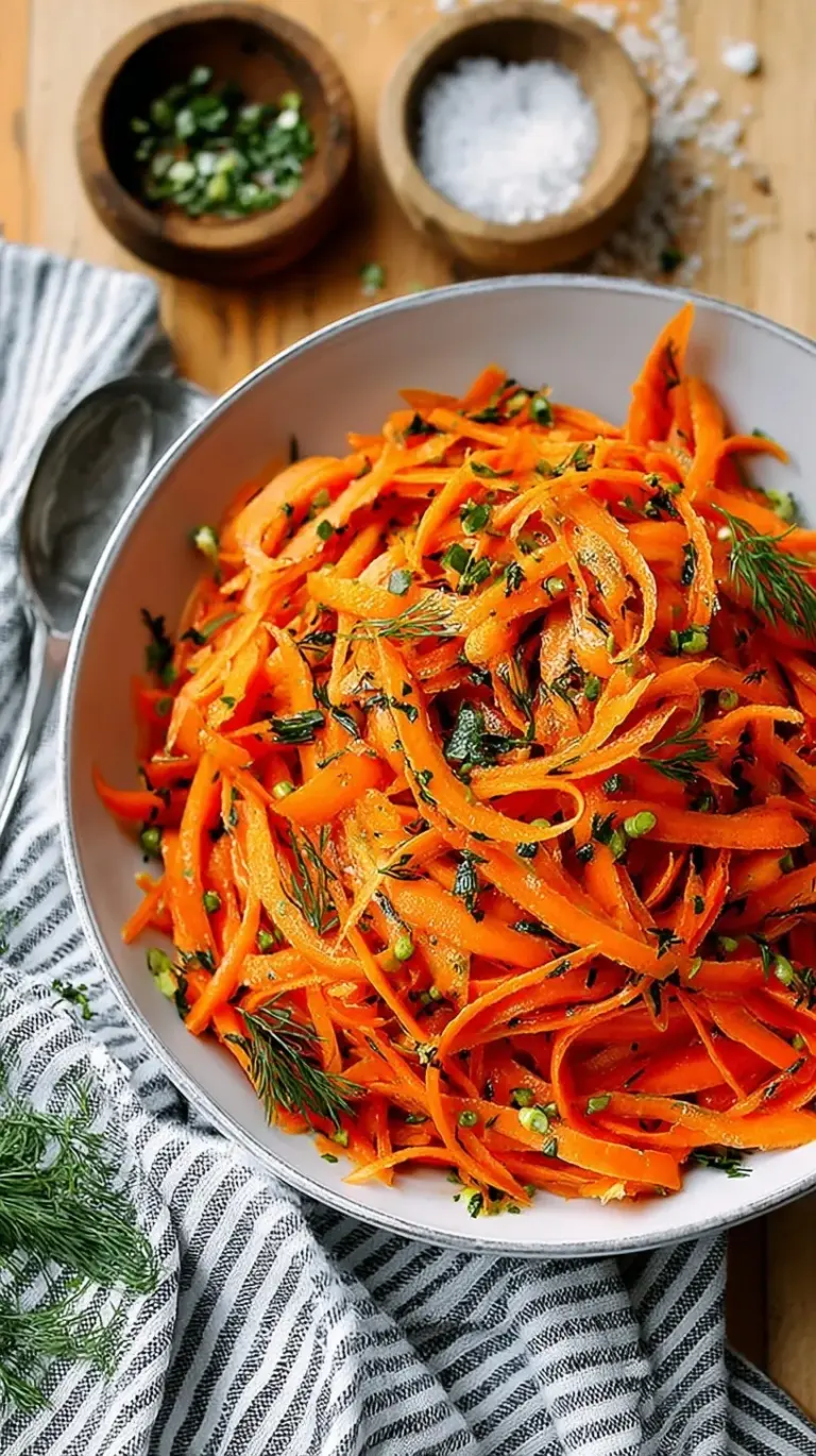 A close-up of a vibrant French Carrot Salad in a white bowl, garnished with fresh parsley.