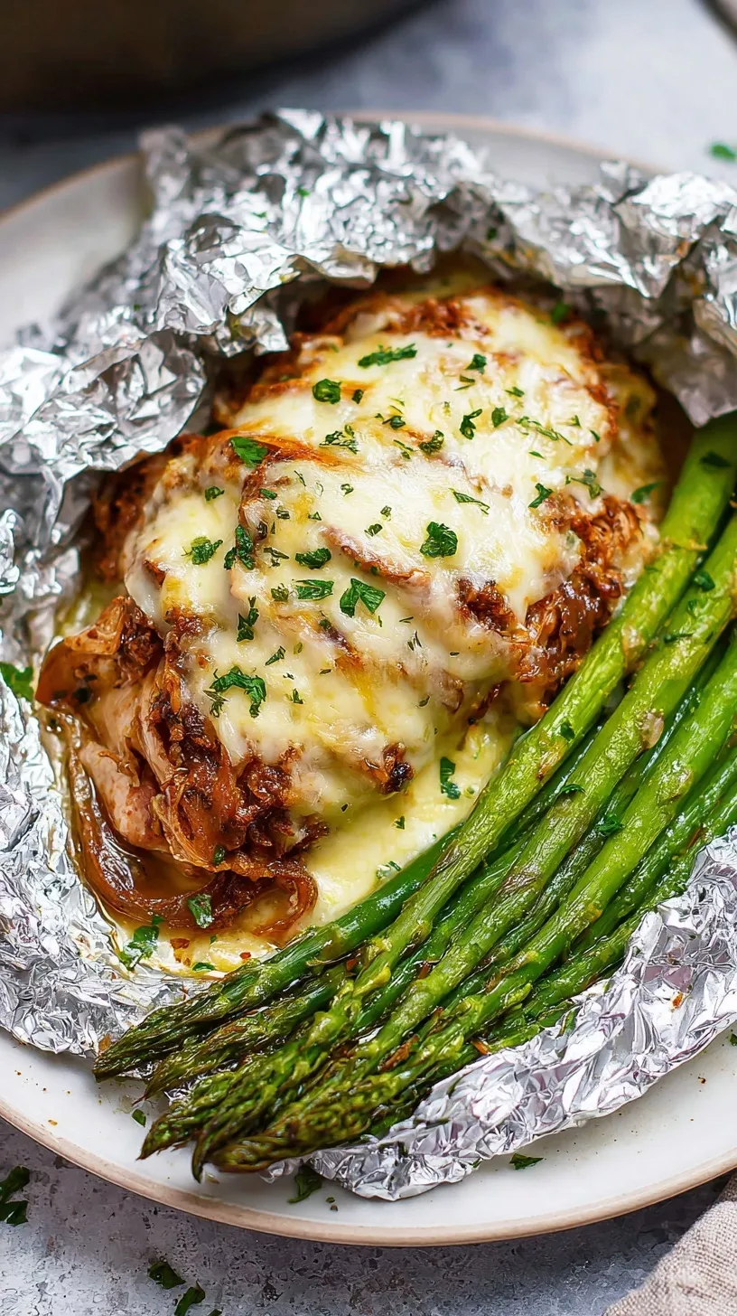 Four foil packets opened to reveal melted Gruyère cheese on chicken breasts with a side of green asparagus and fresh thyme.