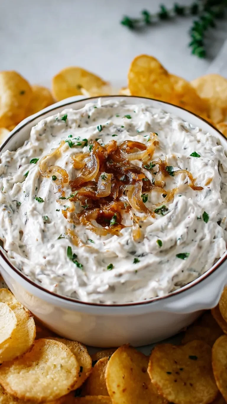 Bowl of creamy homemade French Onion Dip garnished with fresh chives and surrounded by potato chips