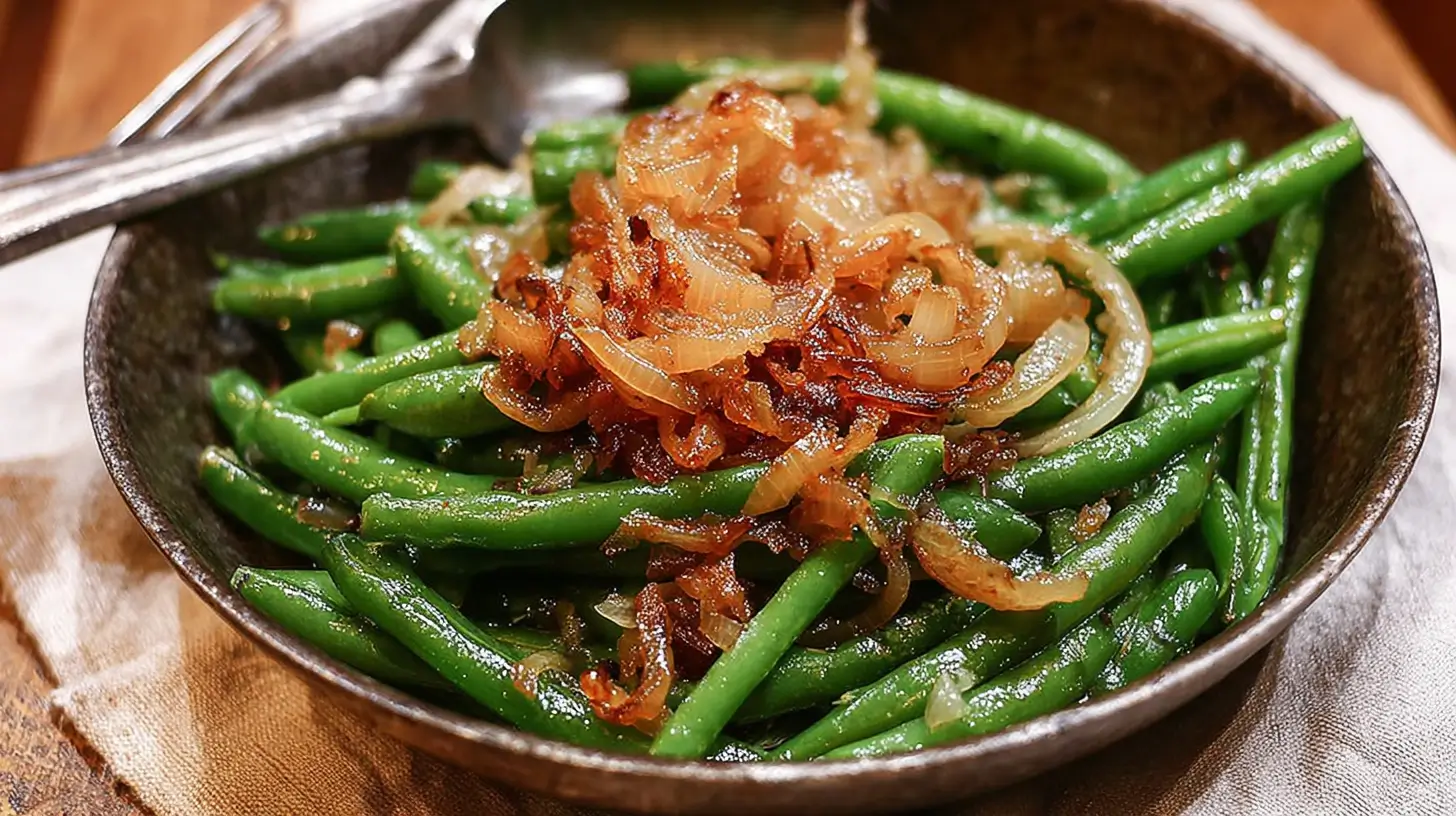 Sautéed green beans with French onions served as a side dish