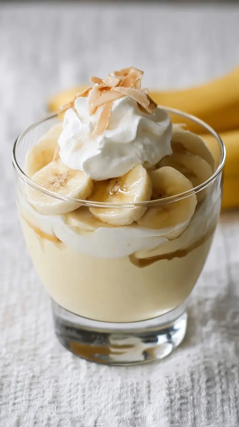 A beautiful glass dish filled with layers of creamy Fresh Banana Pudding, topped with whipped cream and vanilla wafers.