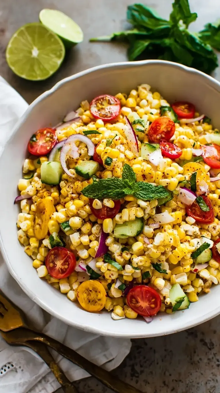 A vibrant bowl of fresh corn salad with cherry tomatoes, red onions, and green basil leaves