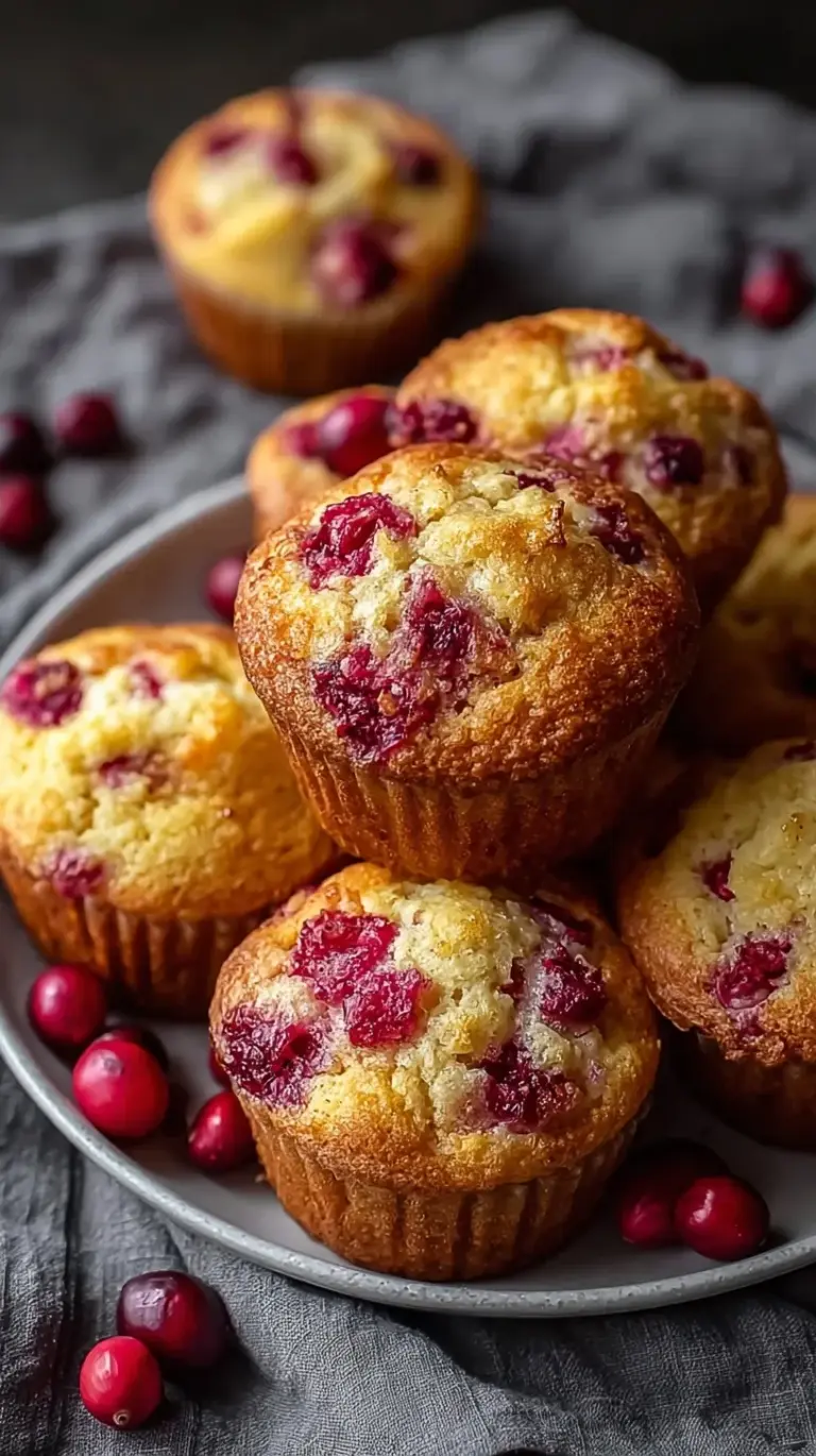 A basket of fresh cranberry orange muffins with golden tops and bright red berries