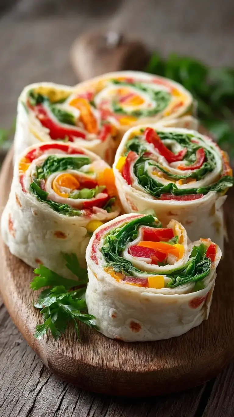 A platter of colorful fresh vegetable tortilla roll ups sliced into pinwheels showing carrots, peppers, and broccoli