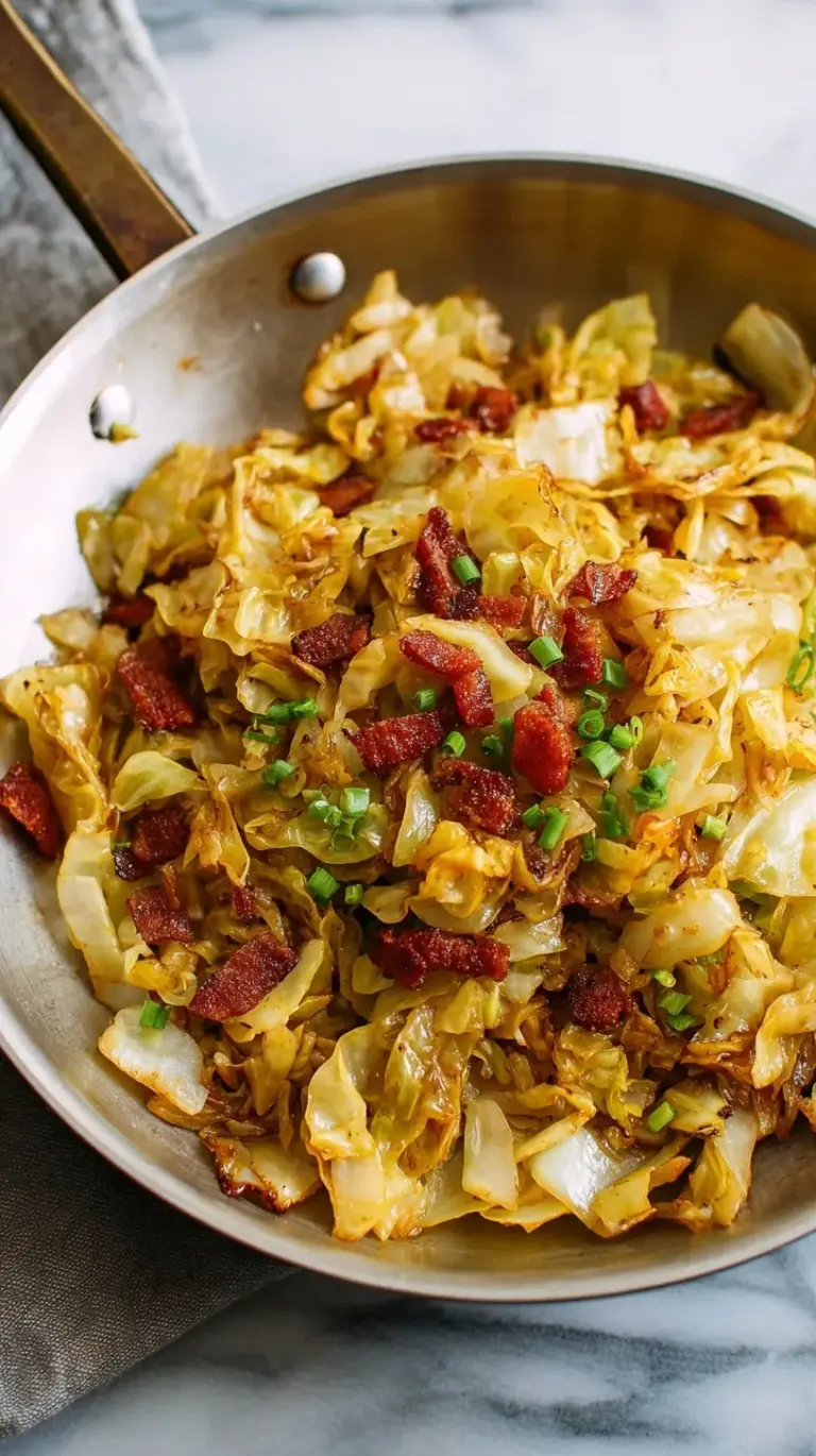 A skillet filled with golden brown shredded cabbage, crispy bacon bits, and sautéed onions.