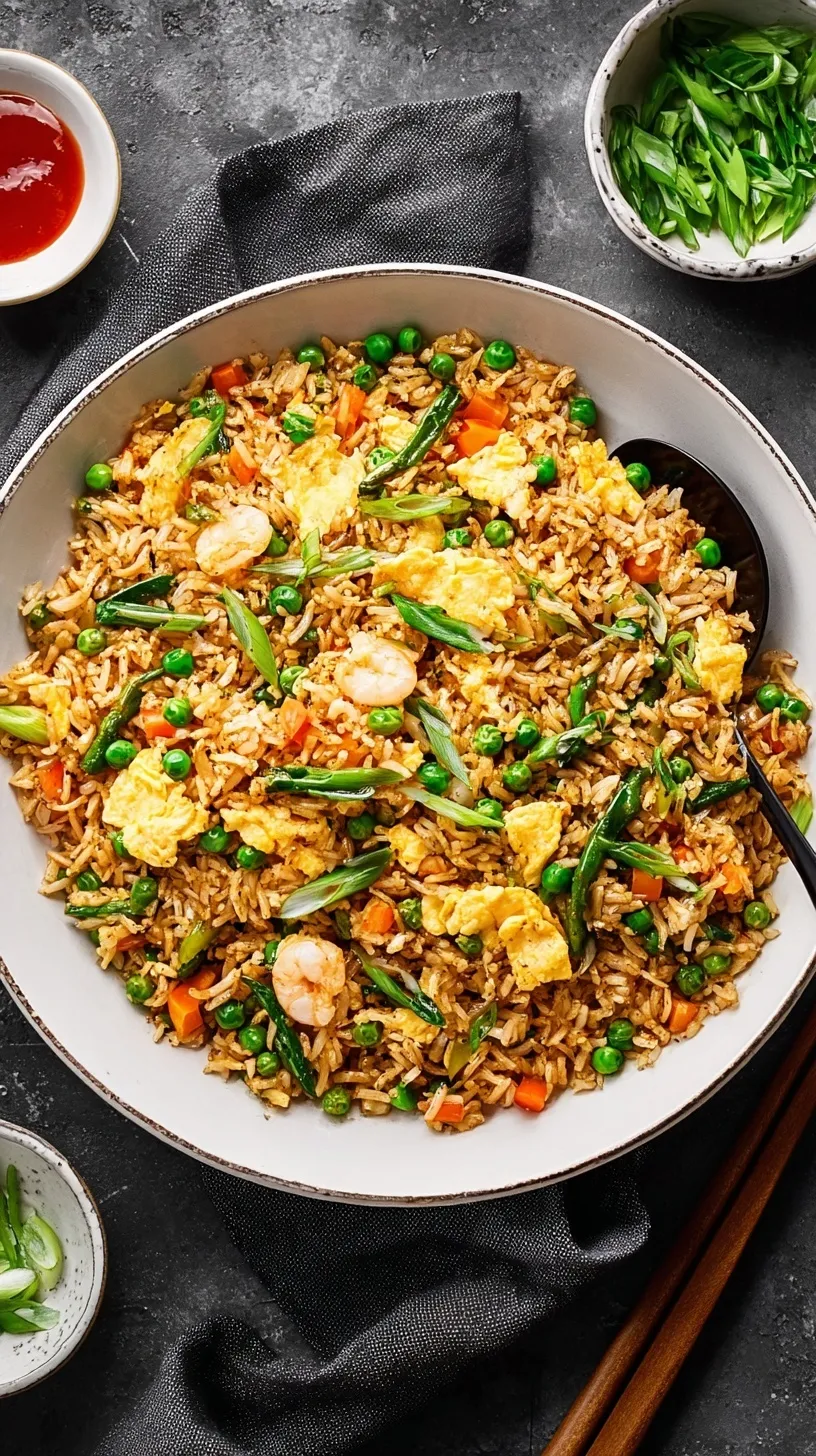 Bowl of homemade fried rice with vegetables, eggs, and green onions garnish