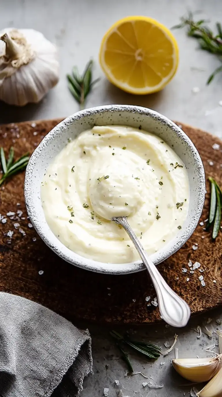 A bowl of creamy, golden homemade garlic aioli with fresh lemon and garlic cloves nearby
