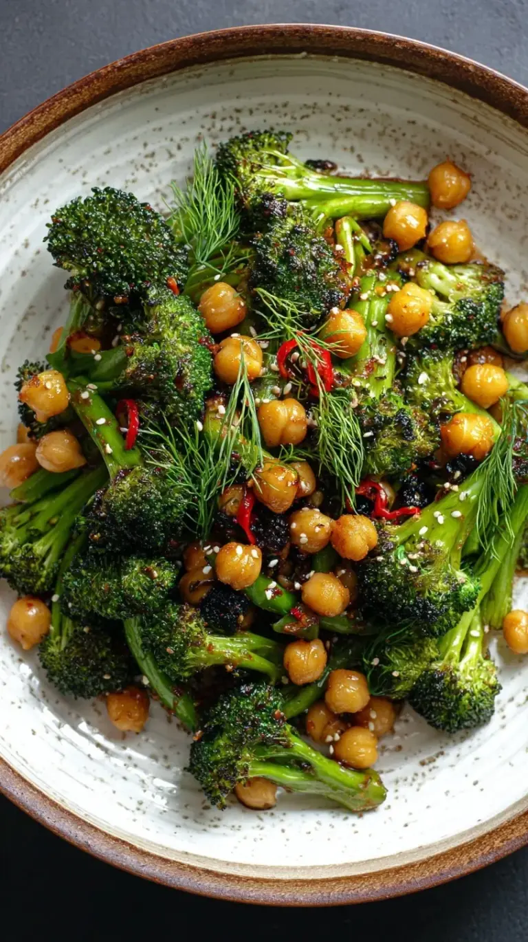 A skillet filled with vibrant green broccoli florets and golden chickpeas in a glossy garlic sauce.