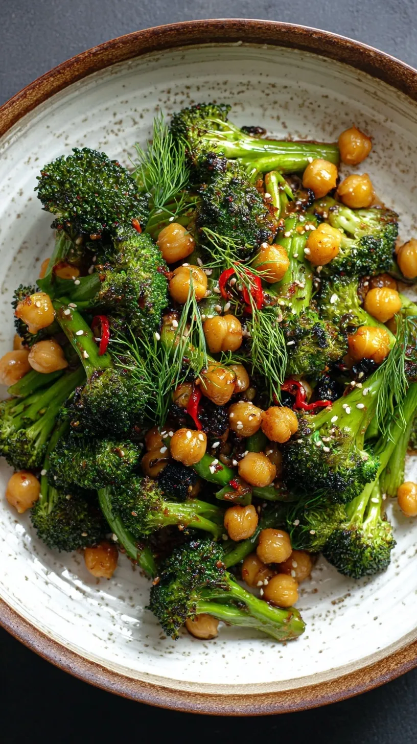 A skillet filled with vibrant green broccoli florets and golden chickpeas in a glossy garlic sauce.