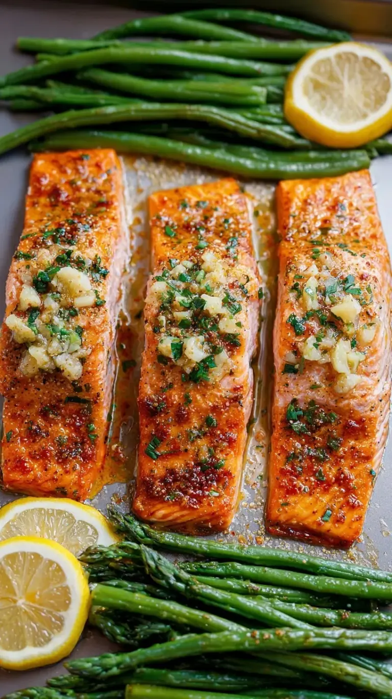 Flaky oven-baked salmon fillets topped with garlic butter and fresh lemon slices on a baking sheet.