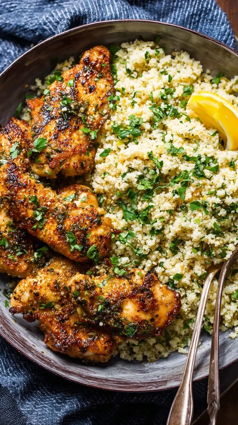 Pan-seared garlic butter chicken cubes served over a bed of tender cauliflower rice with fresh parsley.