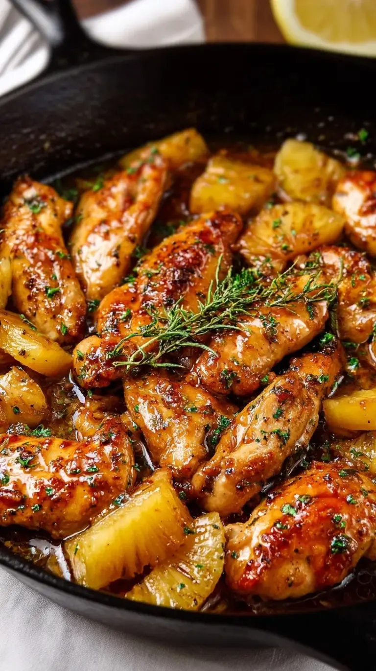 A skillet filled with golden chicken cubes and caramelized pineapple chunks in a garlic butter sauce.