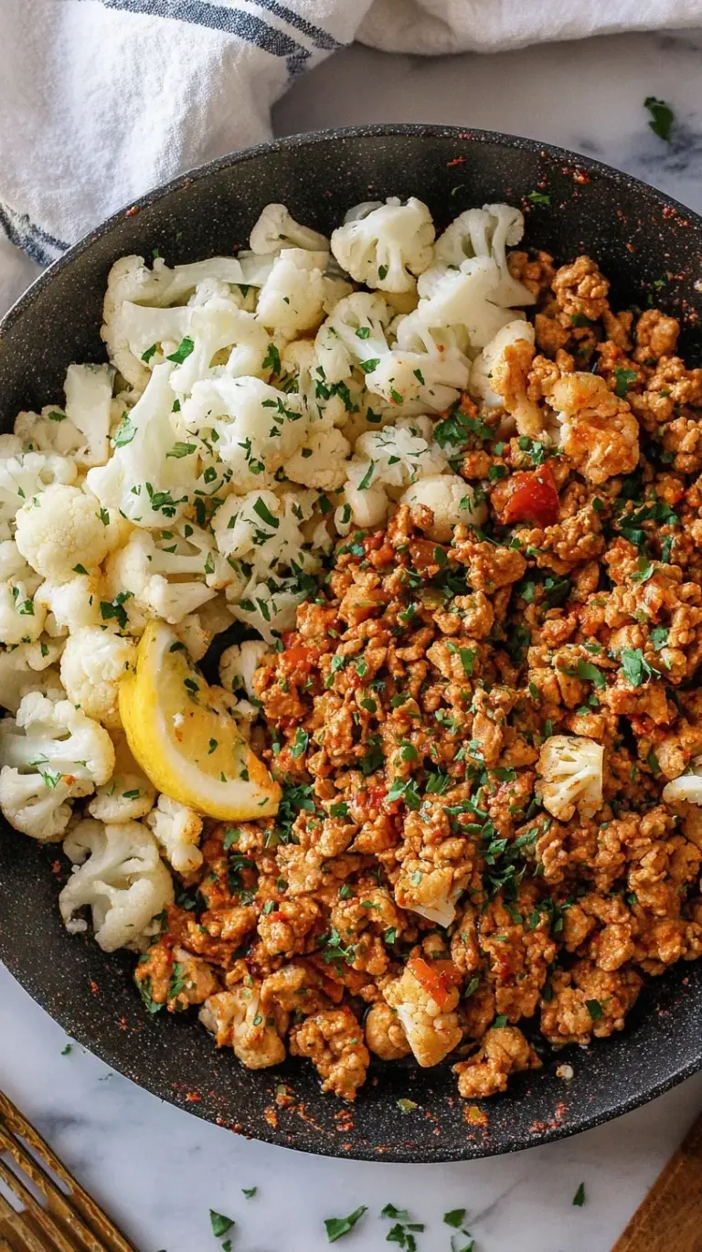 A skillet filled with browned ground turkey and tender cauliflower florets in a garlic butter sauce.