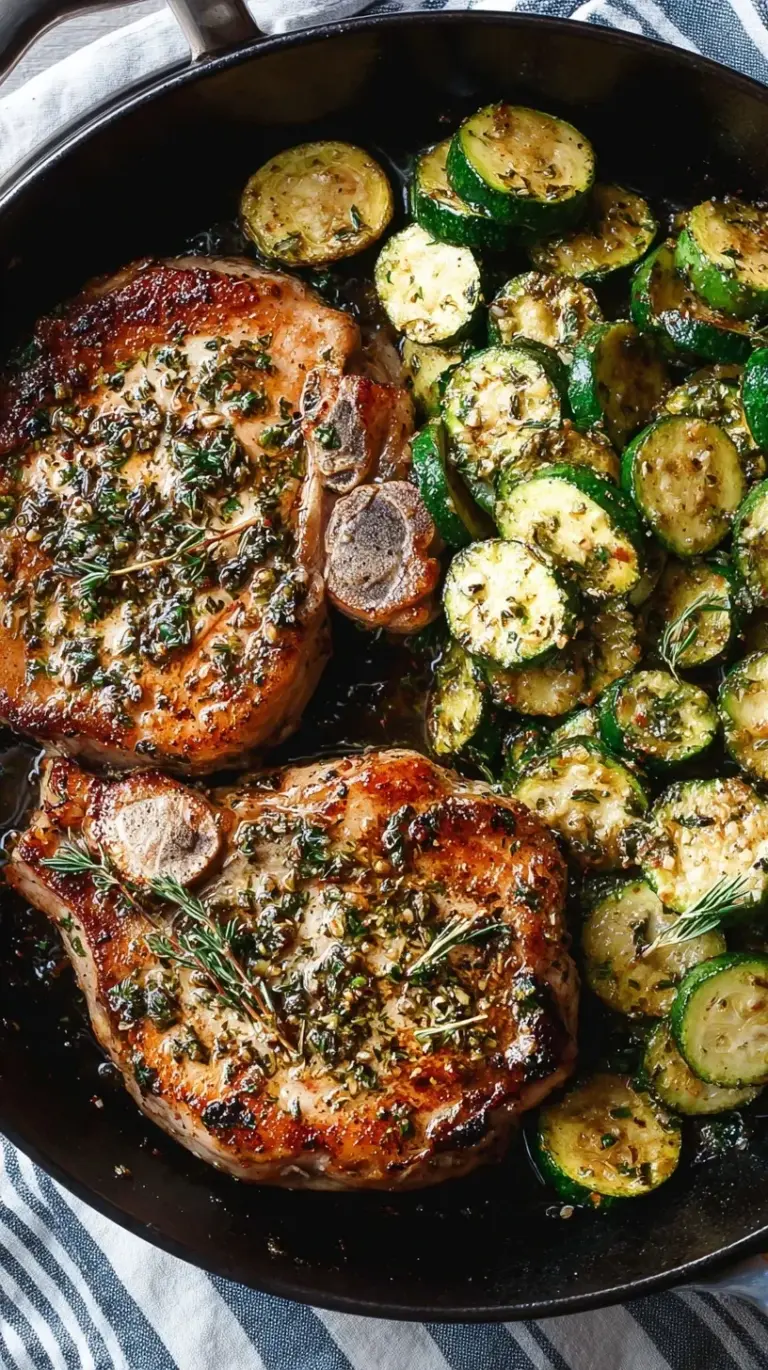 Golden seared pork chops basted in herb butter next to sautéed zucchini half-moons in a cast iron skillet.