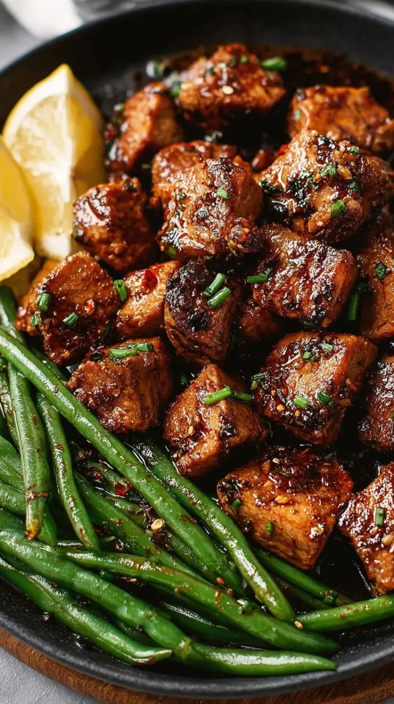 Golden seared pork cubes in a garlic butter sauce served with bright green beans