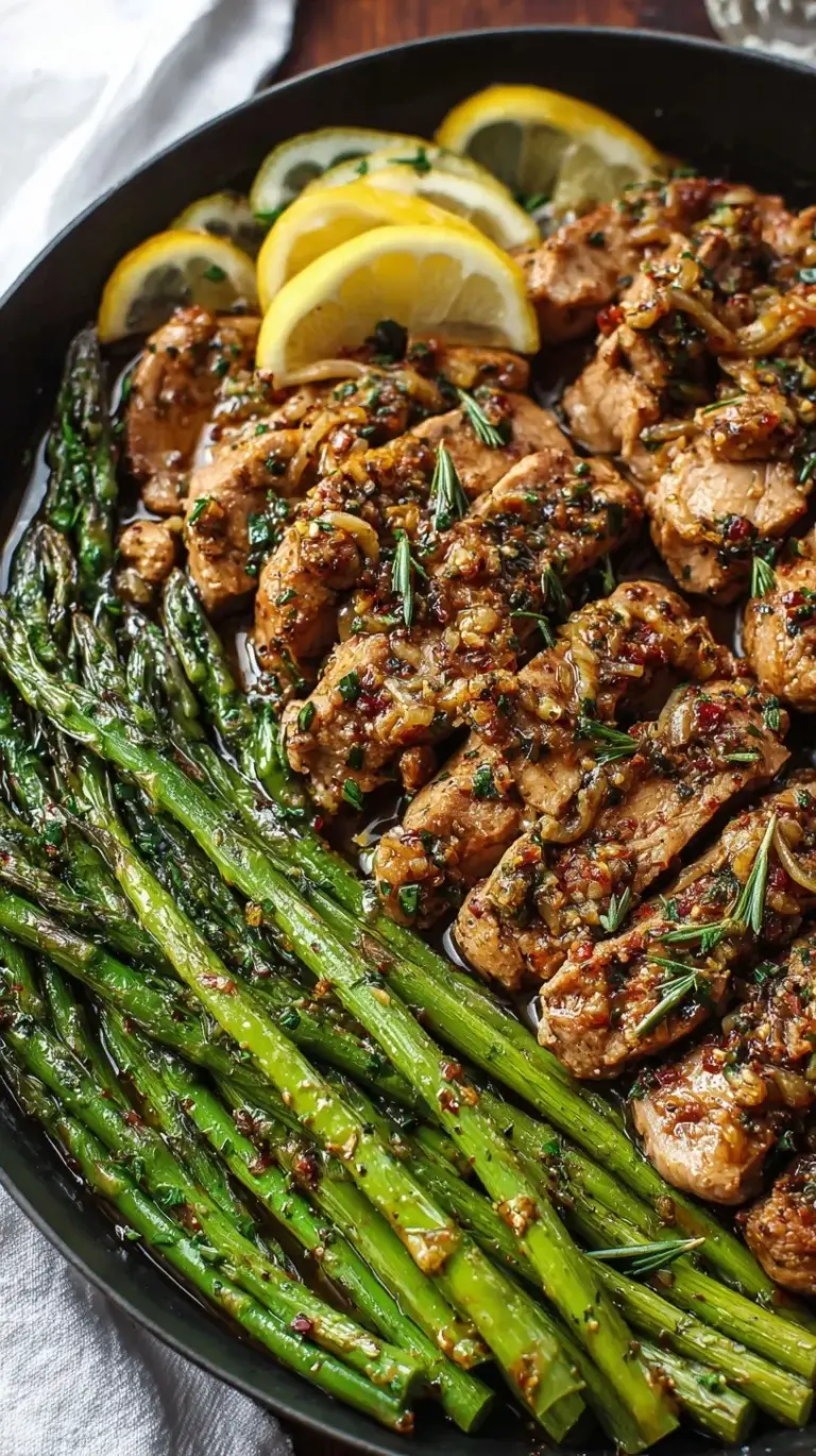 Seared pork chops with garlic butter sauce and bright green lemon asparagus in a skillet