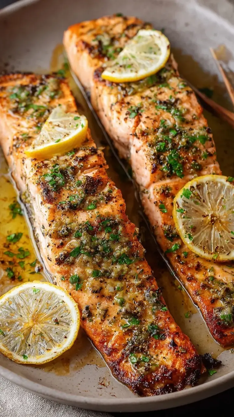 Golden roasted salmon fillets brushed with garlic herb butter on a baking sheet with lemon slices.