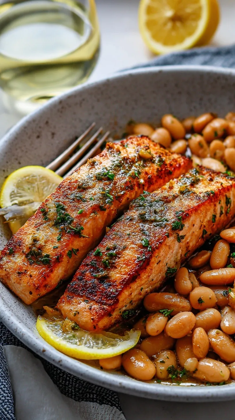 Pan-seared salmon fillets served over creamy cannellini beans with lemon and fresh parsley in a skillet.