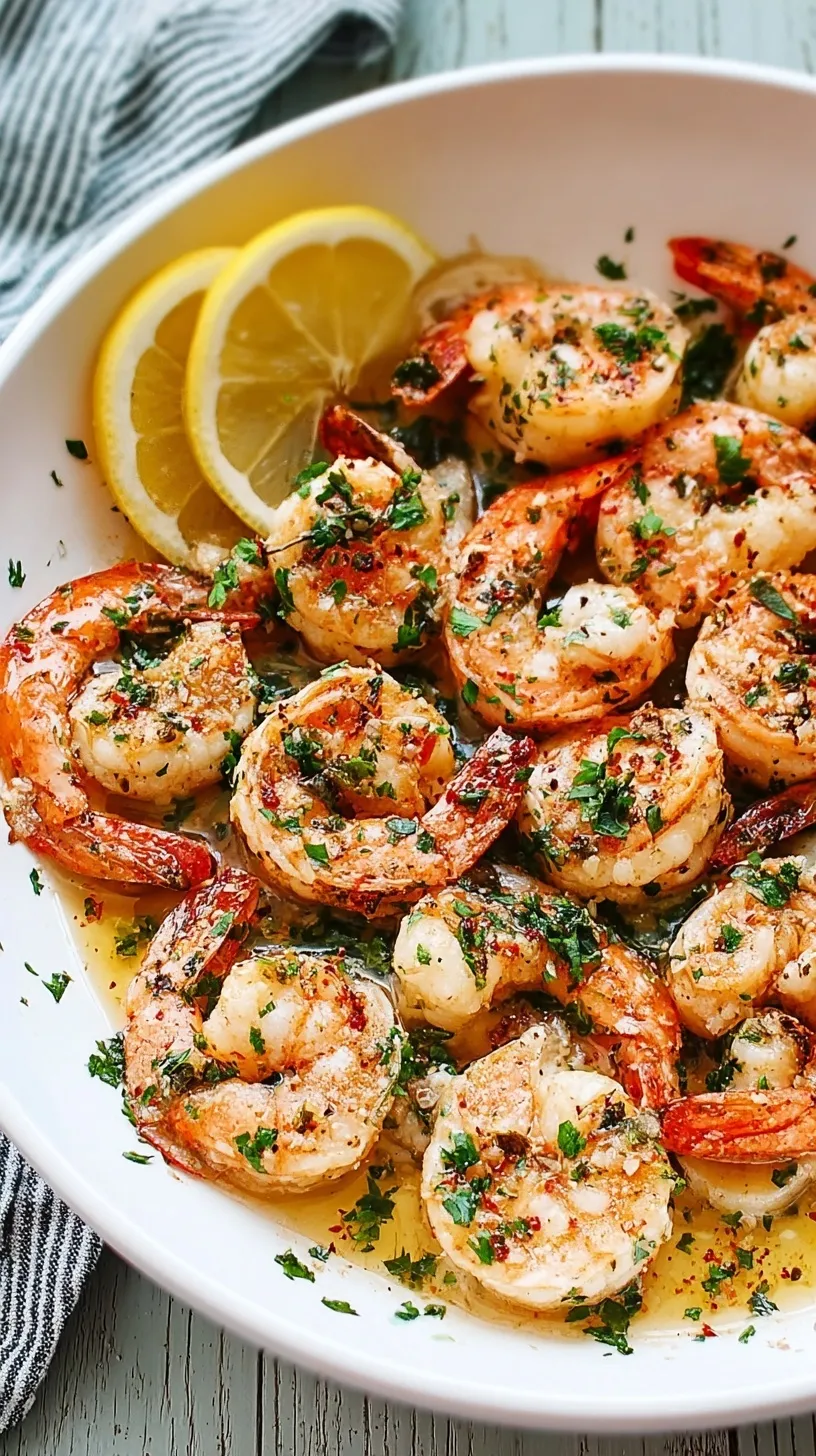 A close-up of golden, tender garlic butter shrimp garnished with fresh parsley in a skillet, ready to serve.