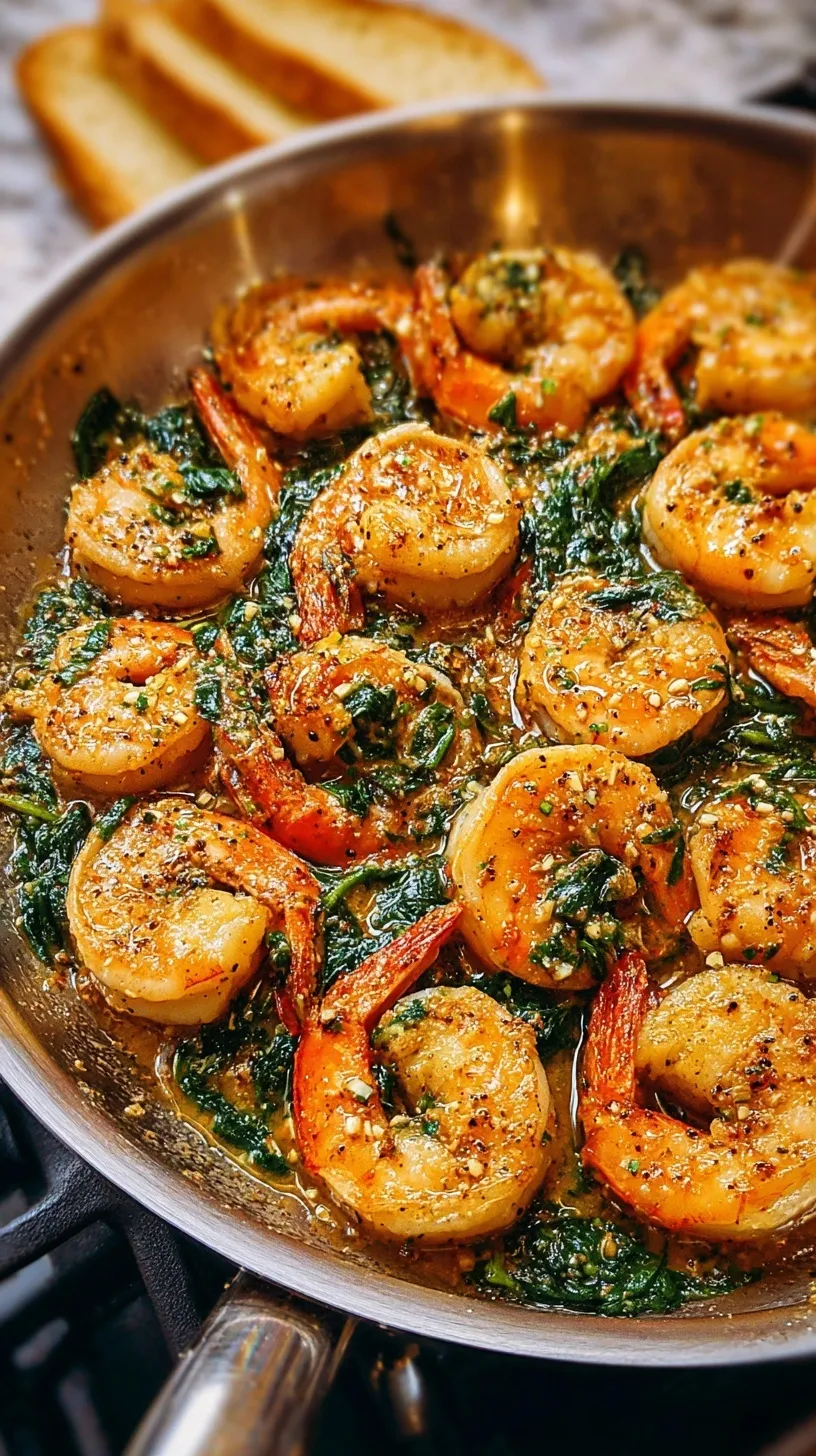 A skillet filled with succulent seared shrimp and wilted green spinach in a golden garlic butter sauce.