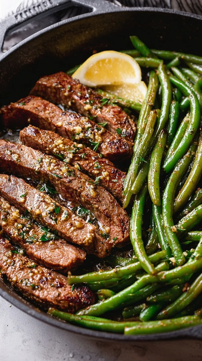 A skillet filled with seared steak cubes and green beans in garlic butter sauce