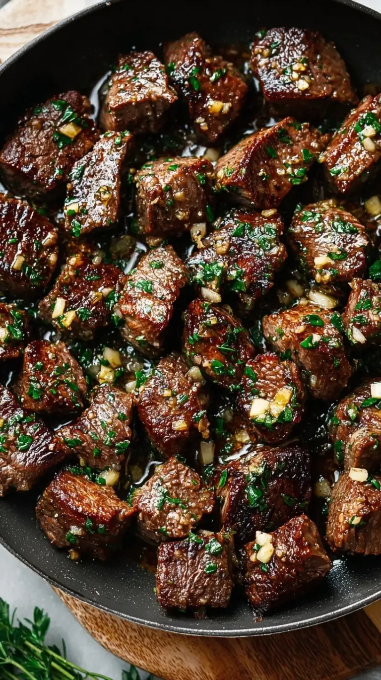 Close-up of golden brown garlic butter steak bites garnished with fresh parsley in a cast-iron skillet.