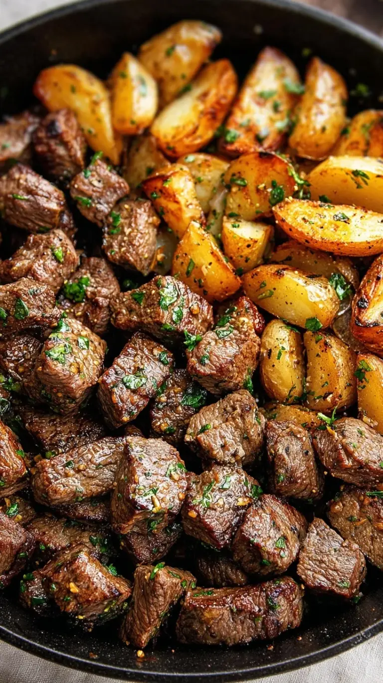 Golden brown steak bites and crispy potatoes in a skillet with fresh parsley