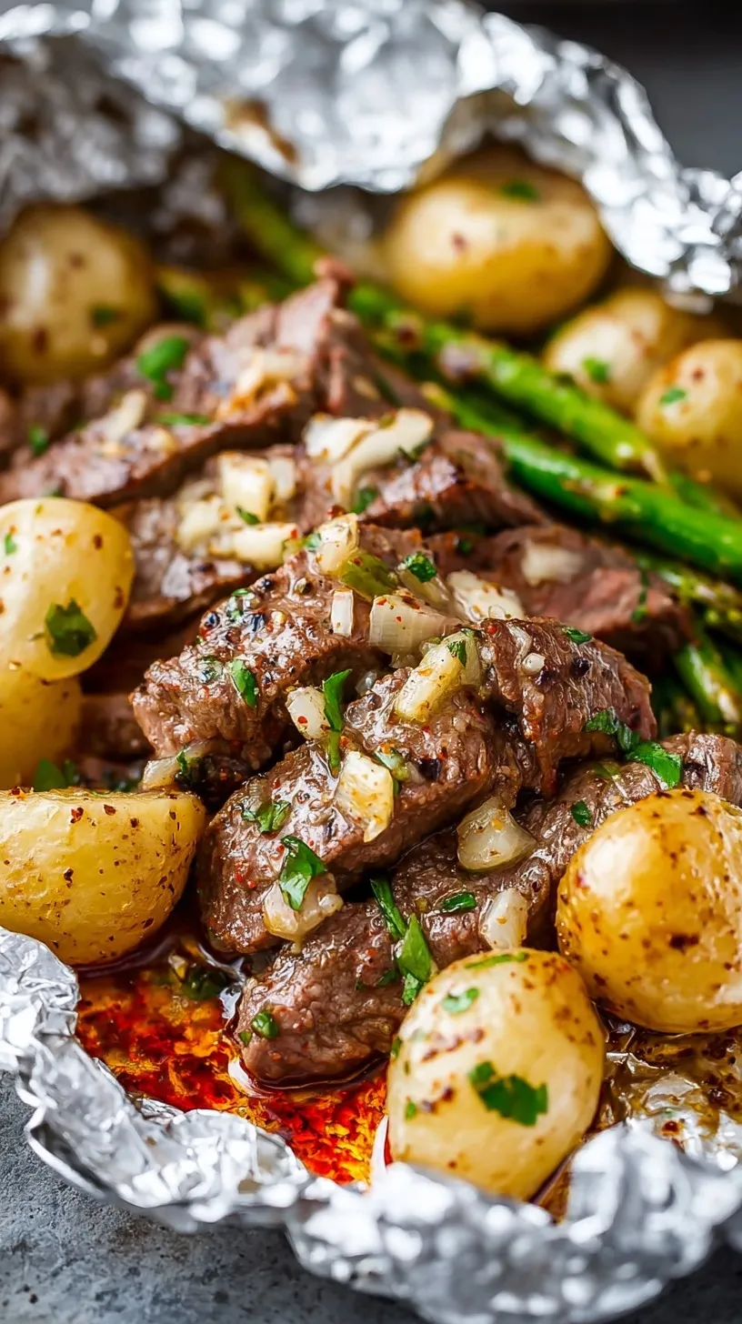 Four foil packets opened to reveal juicy cubed steak, golden potatoes, and melted garlic butter topped with parsley.