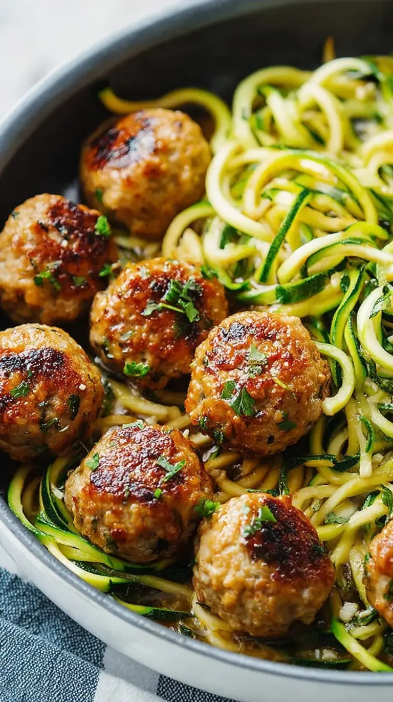 A skillet filled with golden turkey meatballs and green zucchini noodles coated in garlic butter sauce.