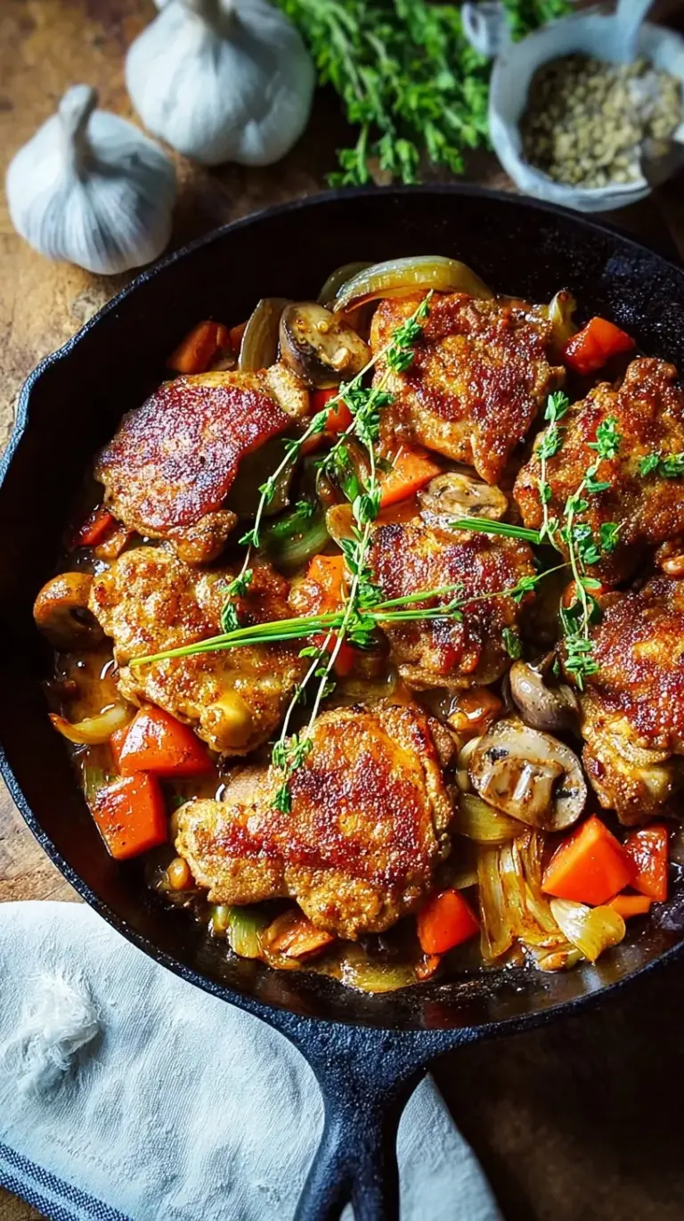 A cast iron skillet filled with golden brown Cajun chicken cubes glazed in garlic butter and garnished with parsley.