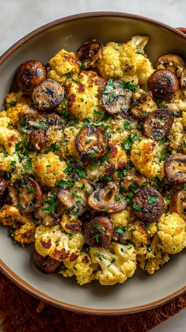 A golden-brown garlic cauliflower mushroom skillet garnished with fresh parsley and lemon.