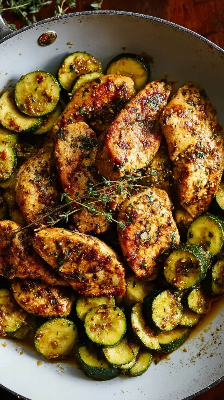 A skillet of golden cubed chicken and tender-crisp zucchini half-moons garnished with fresh parsley.