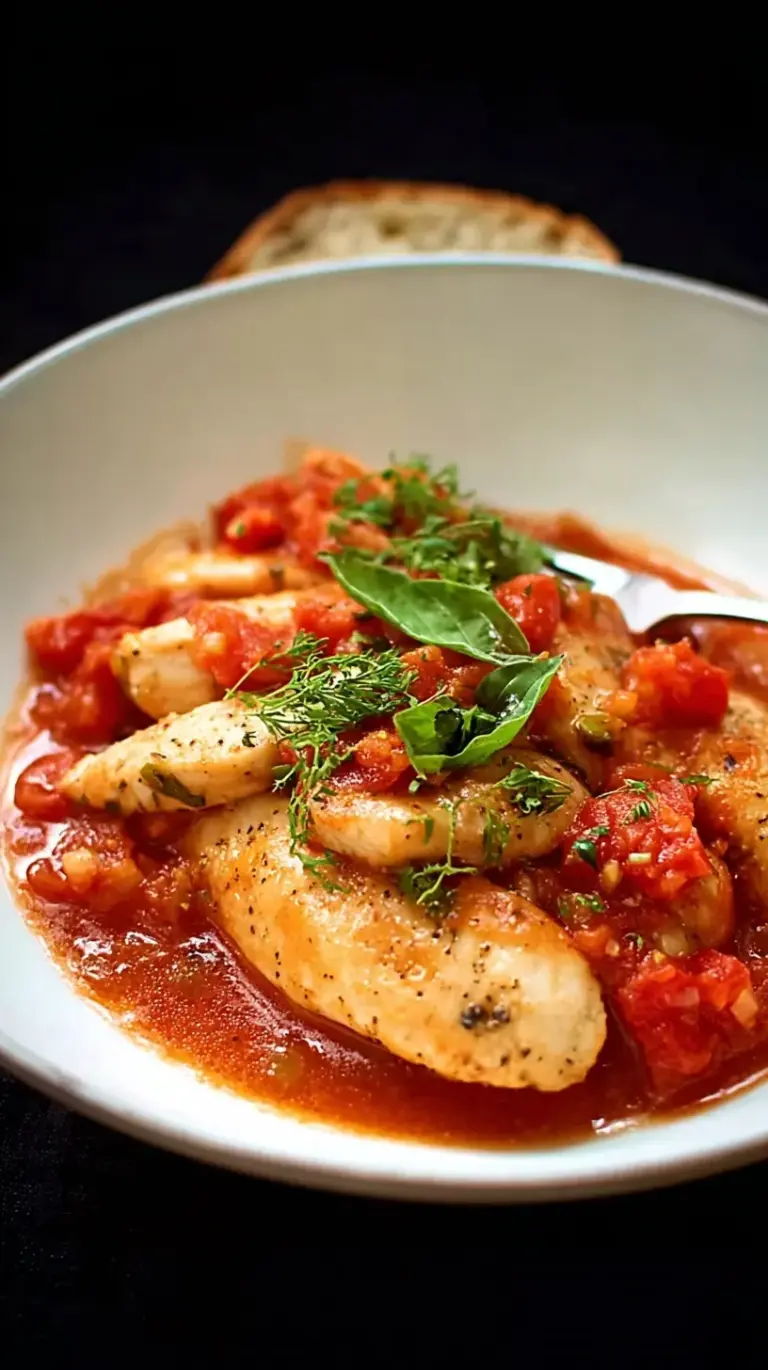 Golden seared chicken thighs simmering in a vibrant red tomato sauce with fresh basil