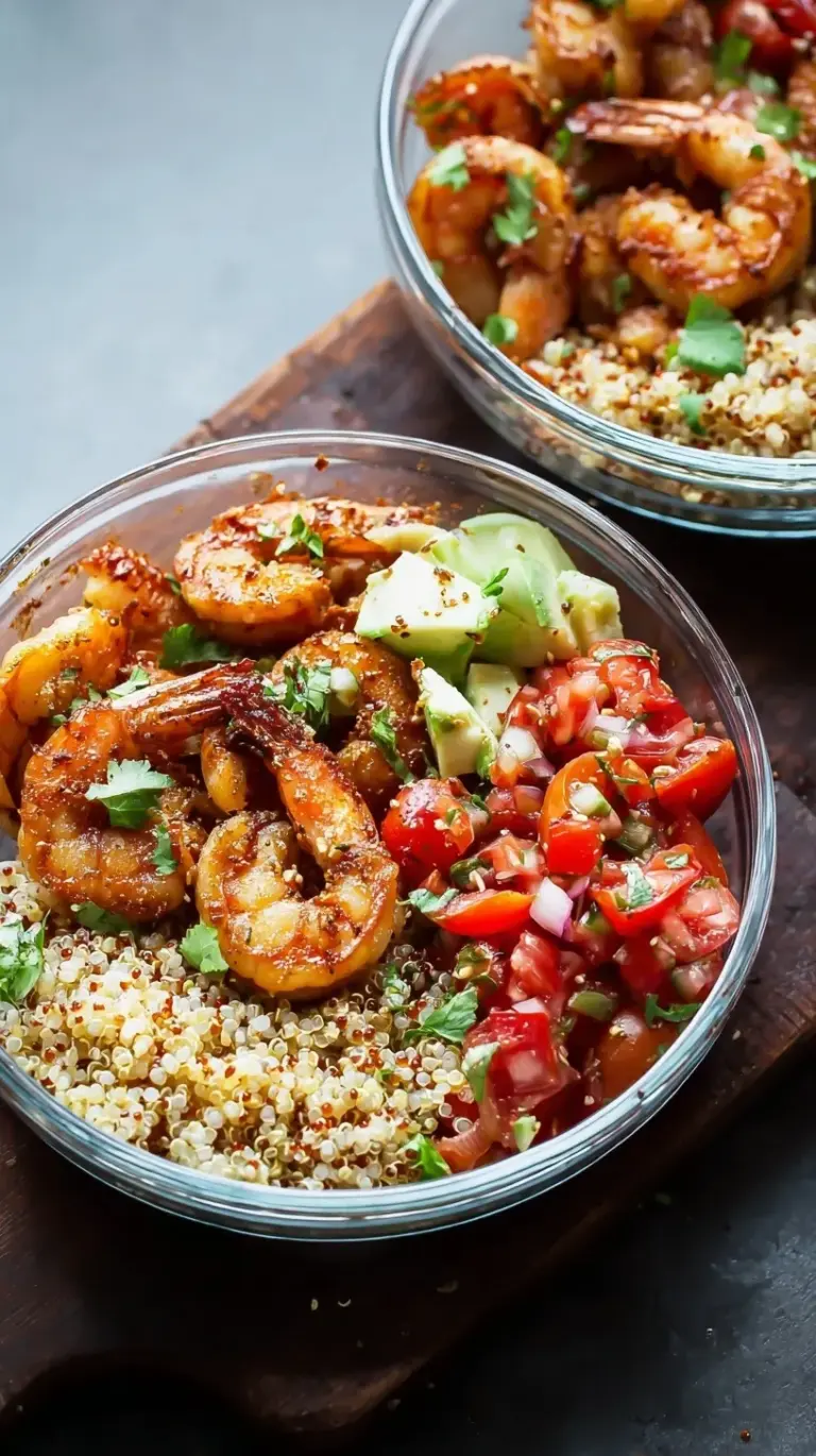 Four glass meal prep containers filled with garlic ginger shrimp, fluffy quinoa, and fresh tomato salsa on a light wooden background.