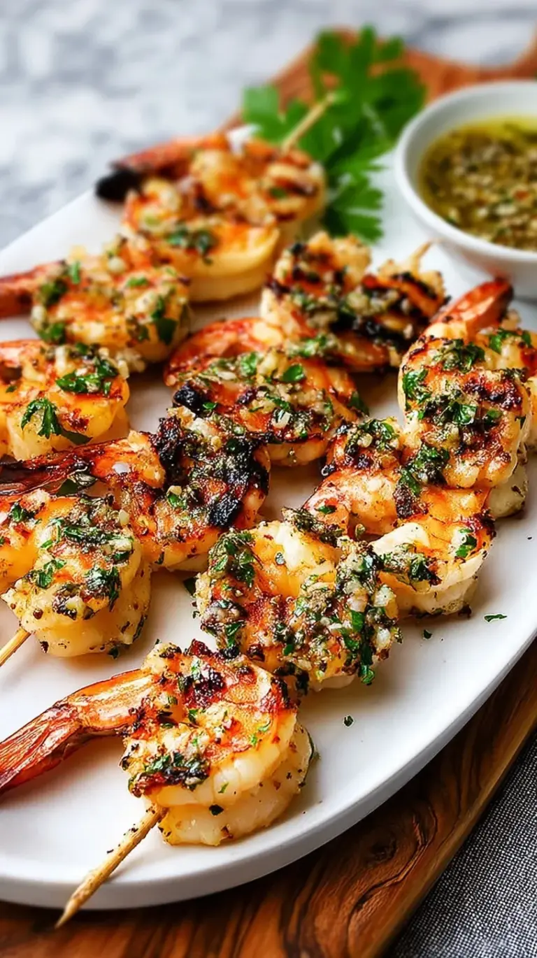 Close-up of perfectly cooked garlic grilled shrimp skewers with fresh parsley on a serving platter.