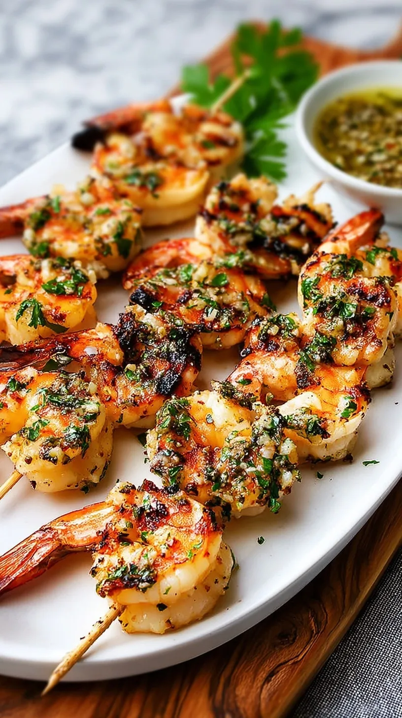 Close-up of perfectly cooked garlic grilled shrimp skewers with fresh parsley on a serving platter.