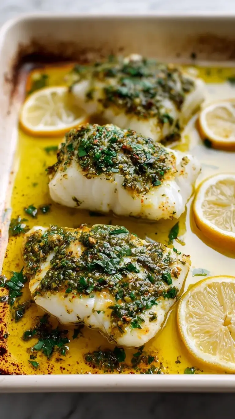 Close-up of golden-brown Garlic Herb Baked Cod fillets garnished with fresh parsley and lemon wedges on a baking sheet.