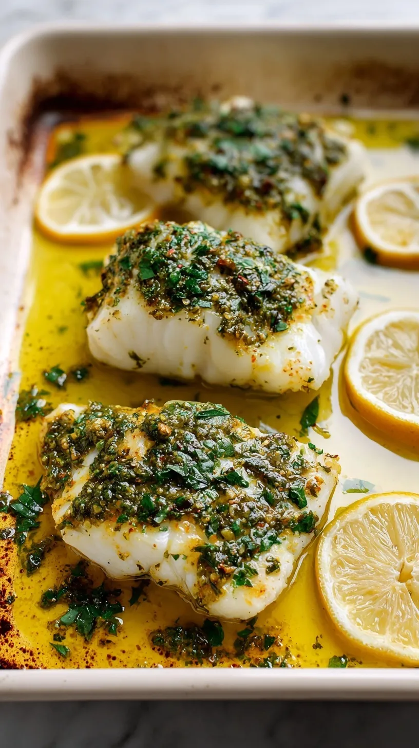 Close-up of golden-brown Garlic Herb Baked Cod fillets garnished with fresh parsley and lemon wedges on a baking sheet.