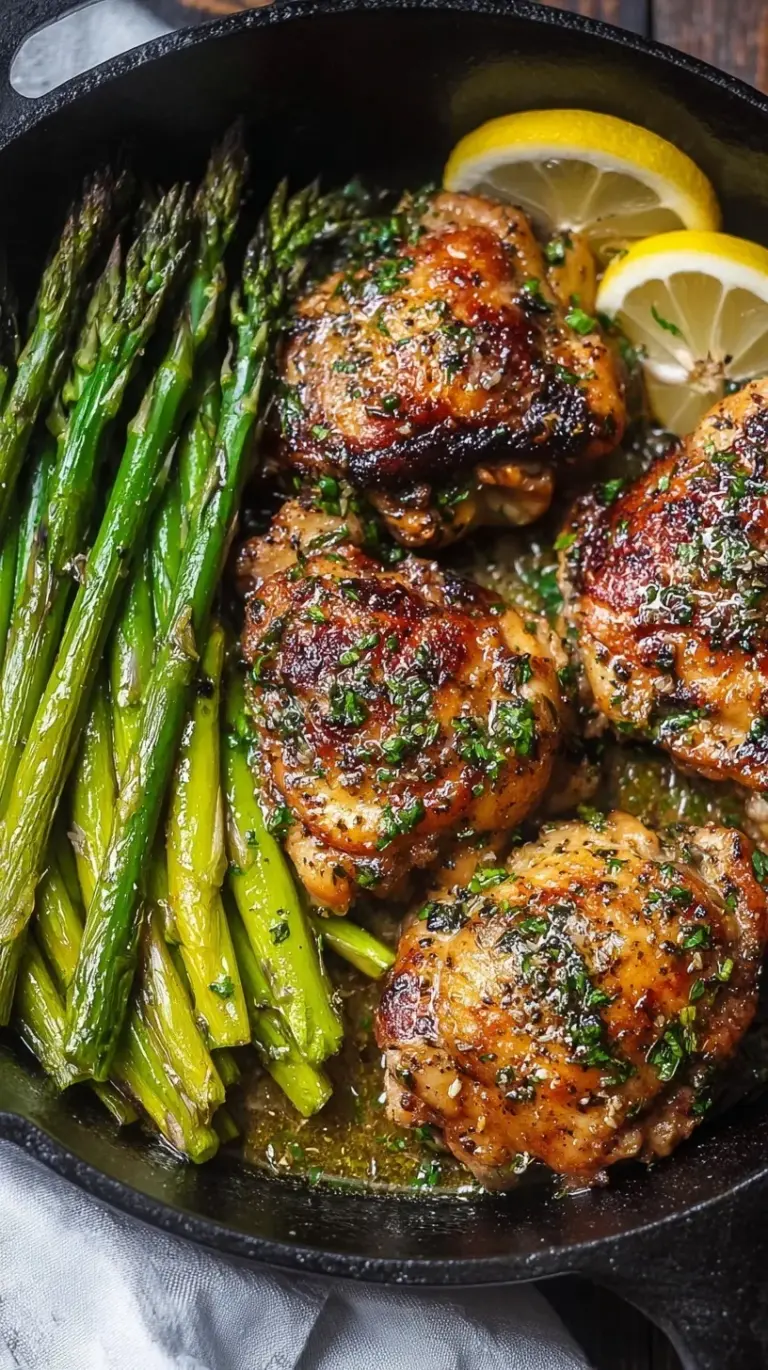 Crispy golden garlic herb butter chicken thighs in a skillet with roasted green asparagus