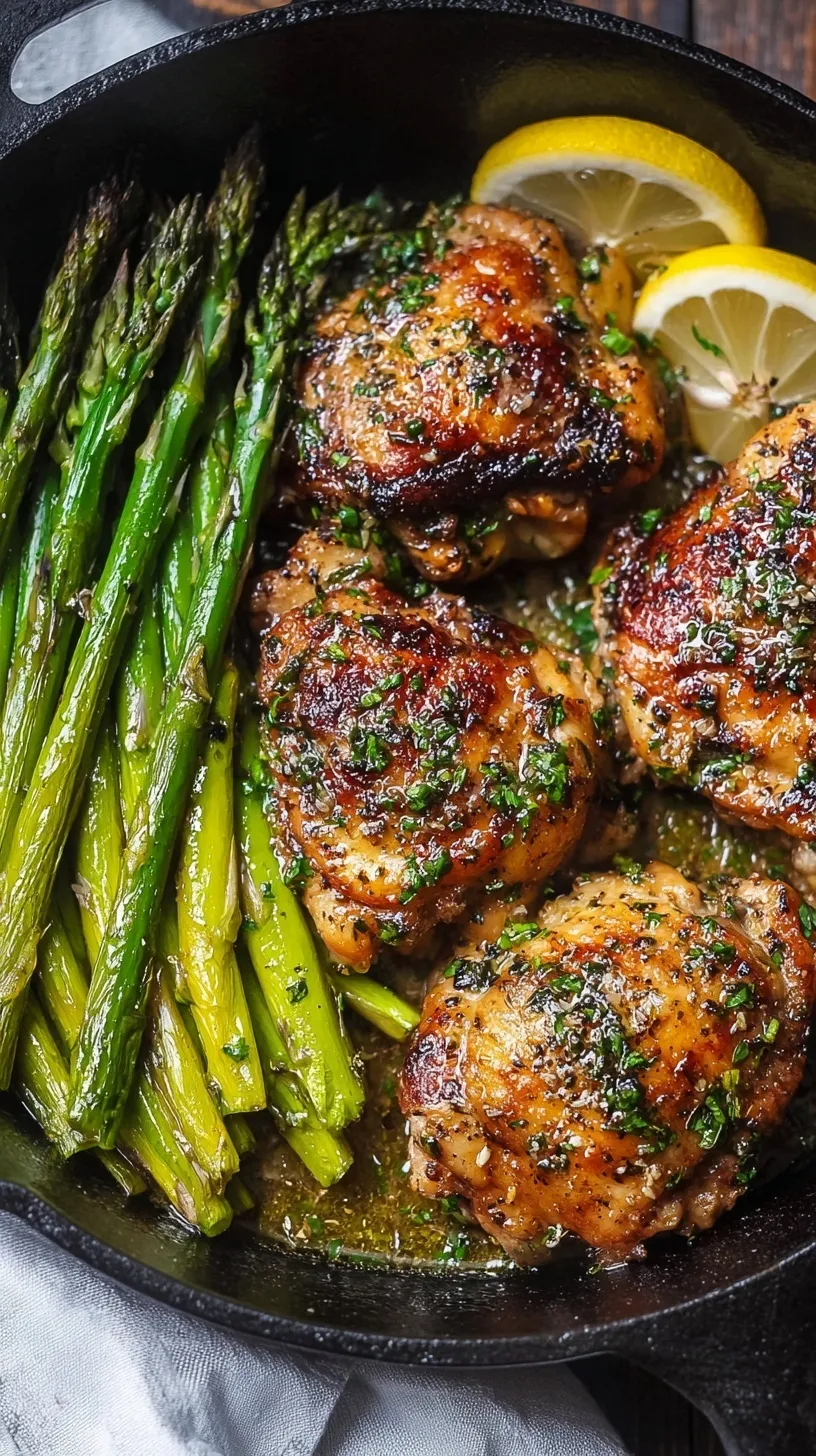 Crispy golden garlic herb butter chicken thighs in a skillet with roasted green asparagus
