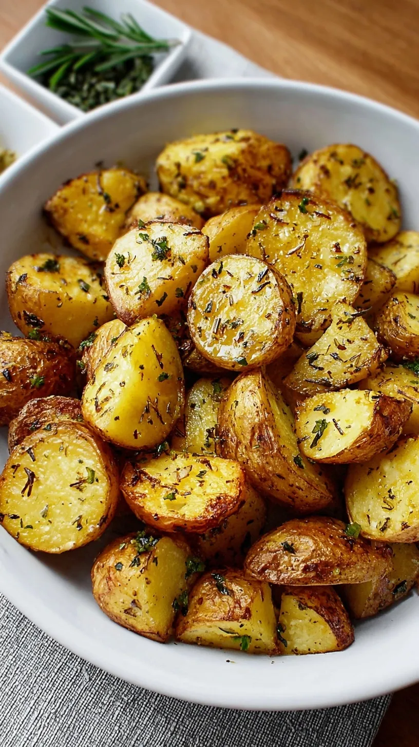 Golden brown garlic herb roasted potatoes on a baking sheet garnished with fresh parsley