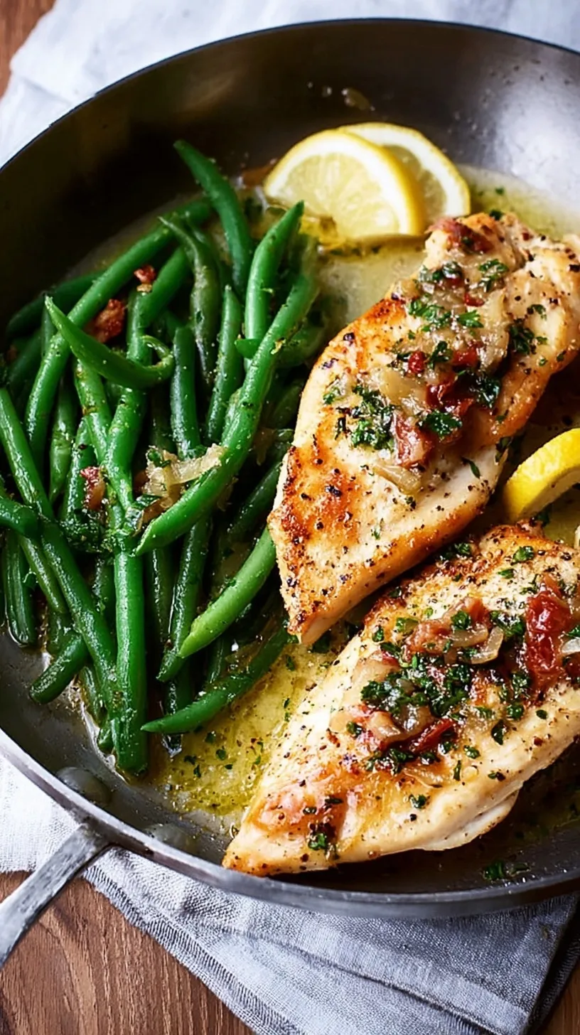 Pan-seared garlic lemon chicken breasts served with bright green beans in a skillet.