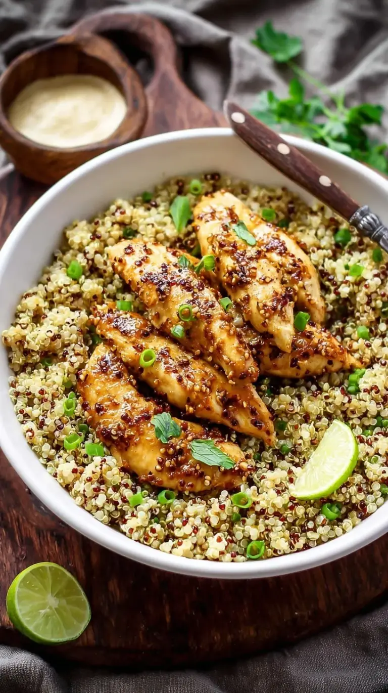 Pan-seared garlic lime chicken tenders served over a bed of cilantro quinoa in a white bowl.