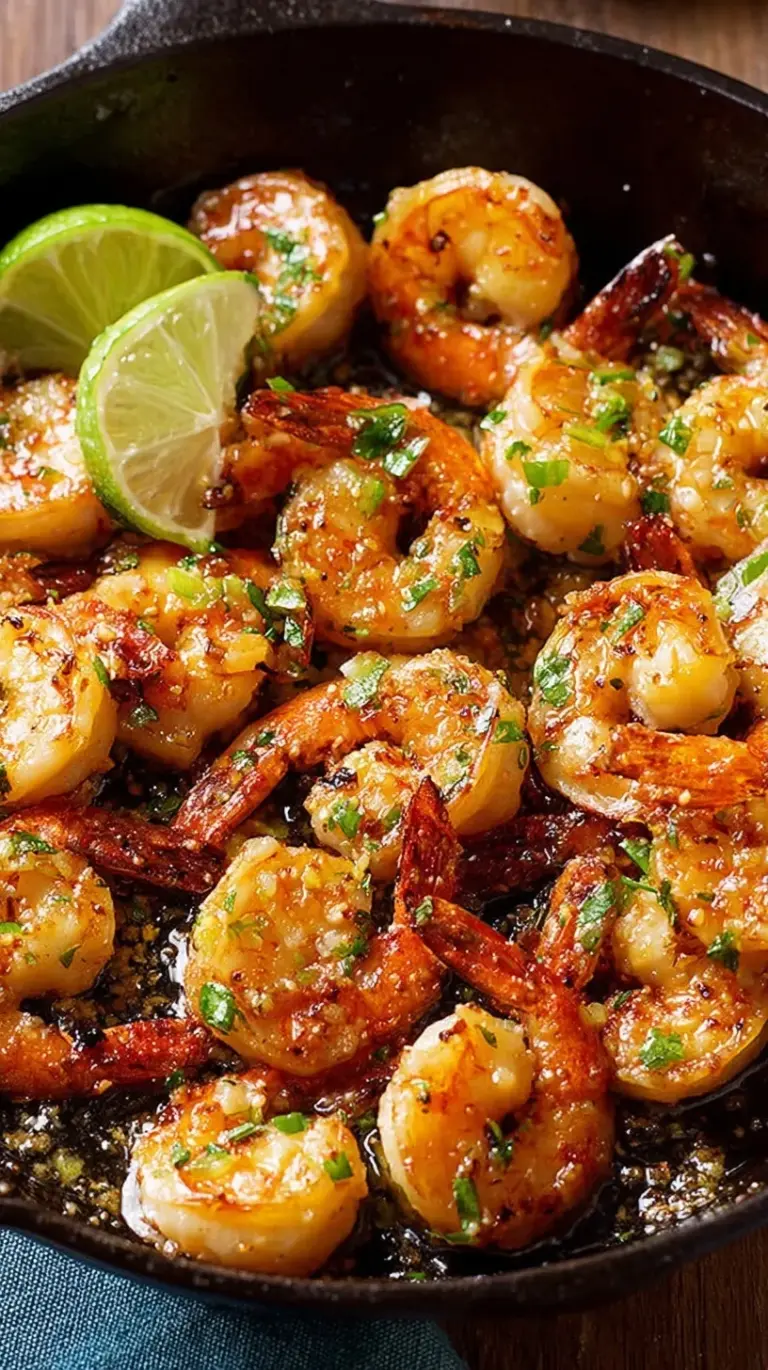 A skillet filled with golden sautéed shrimp, fresh lime slices, and green cilantro garnish