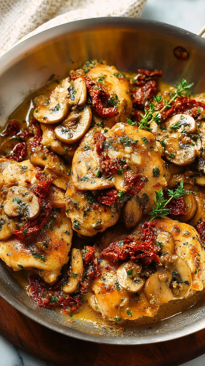 Golden seared chicken thighs in a creamy garlic mushroom sauce with spinach and sun-dried tomatoes in a black skillet