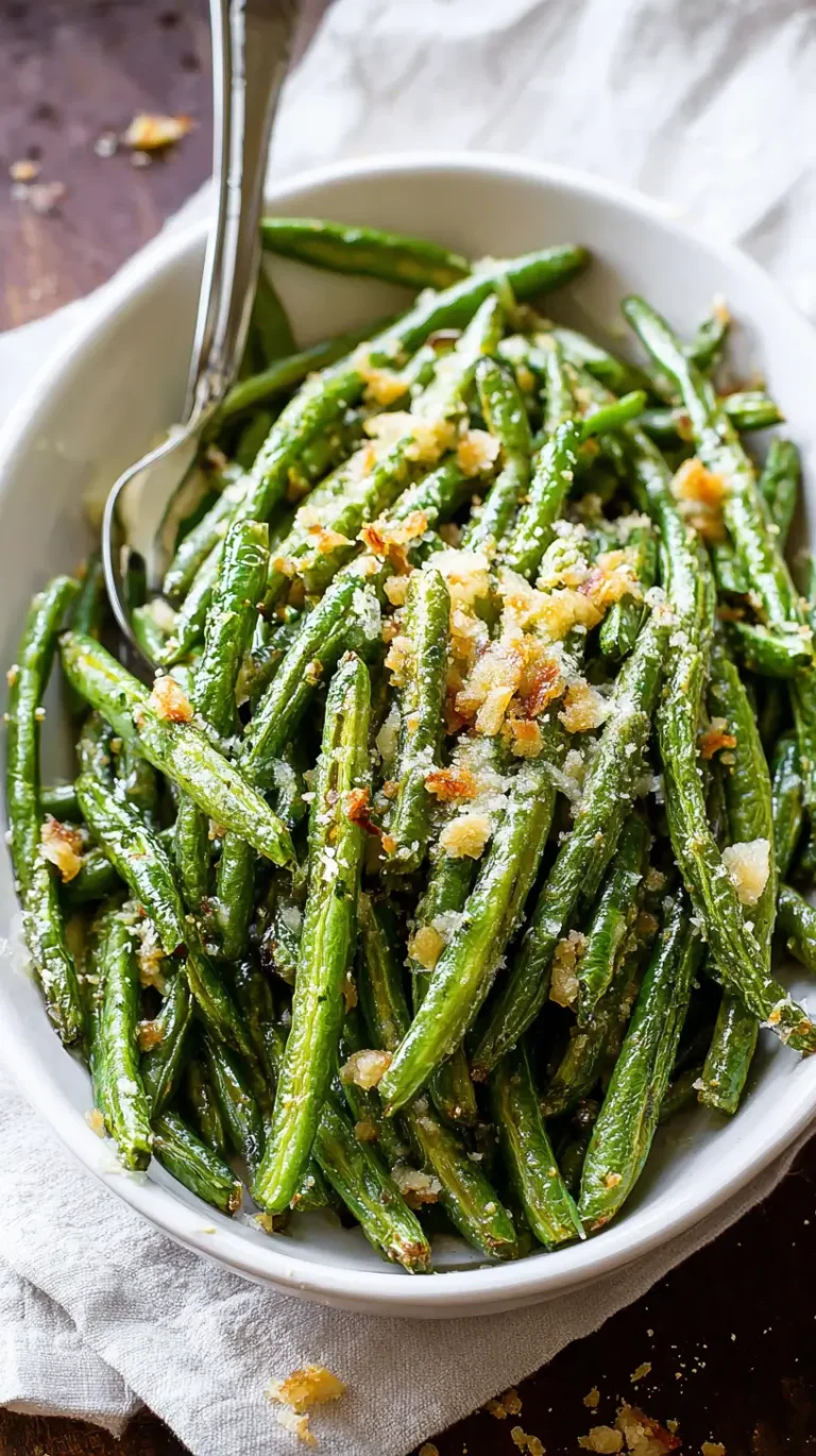 Roasted garlic Parmesan green beans served in a bowl