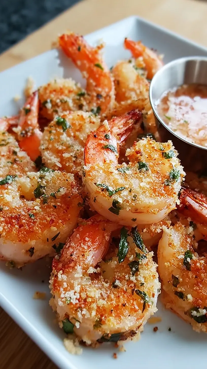Golden roasted shrimp coated in garlic and parmesan cheese on a baking sheet with lemon wedges.