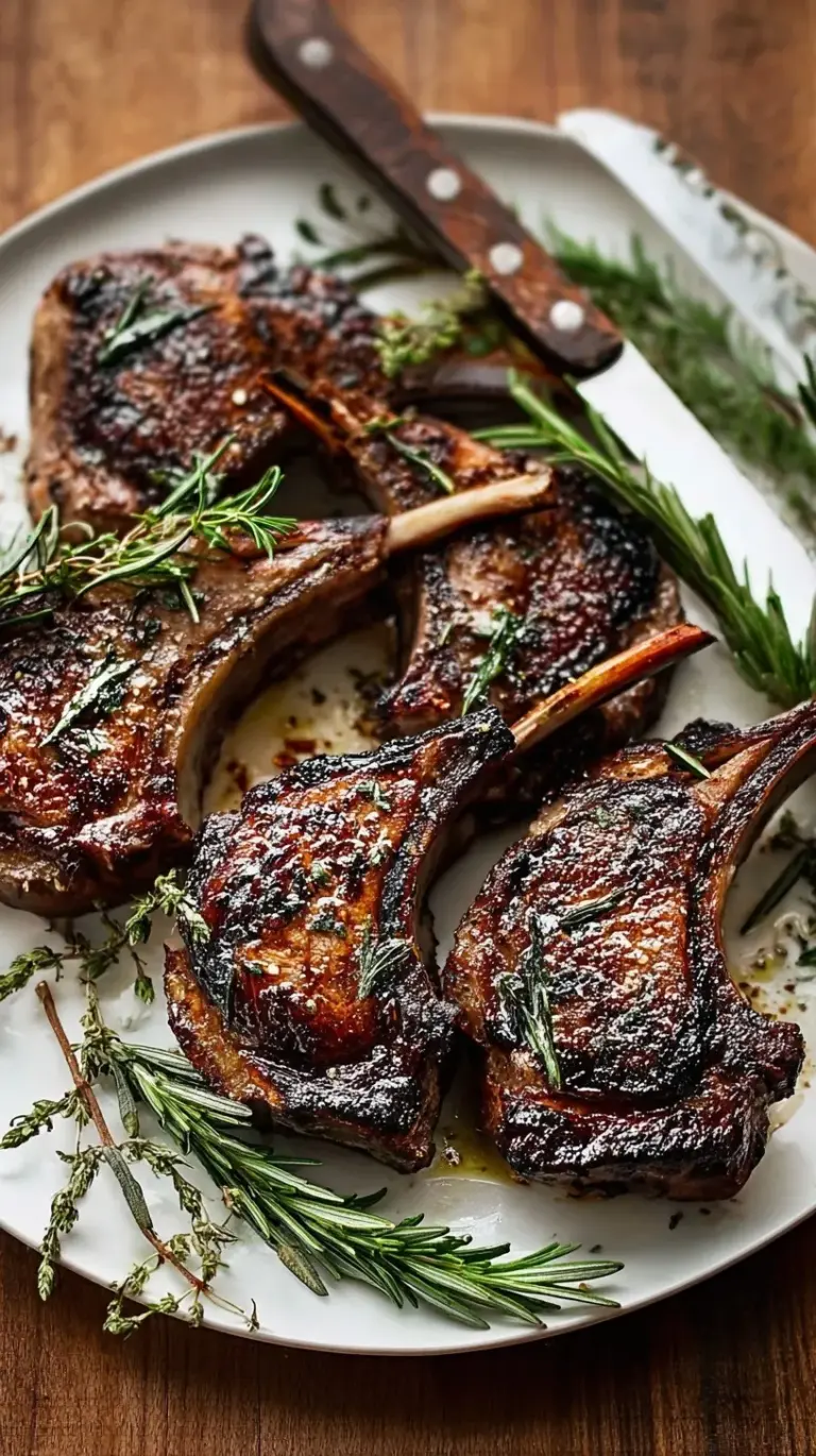 Close-up of perfectly seared garlic rosemary grilled lamb chops on a grill grate, garnished with fresh rosemary.