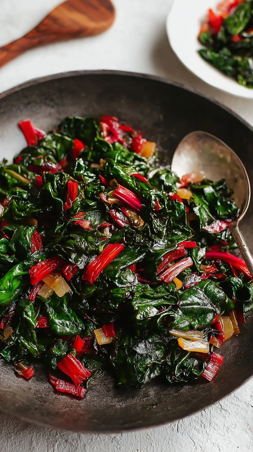 A vibrant bowl of freshly made Garlic Sautéed Swiss Chard, garnished with a lemon wedge, ready to be served.
