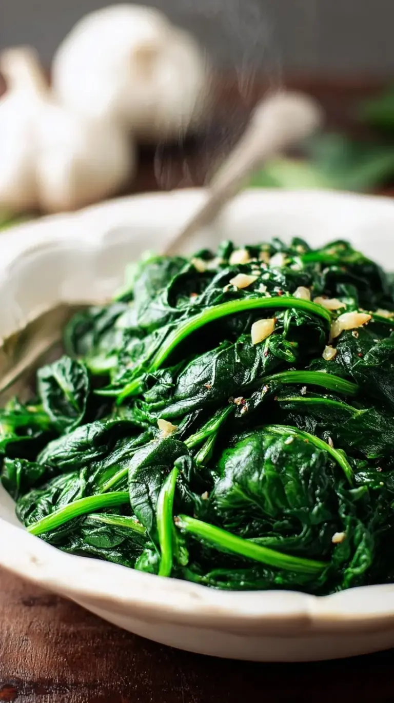 A close up shot of bright green garlic sauteed spinach in a skillet with lemon wedges.